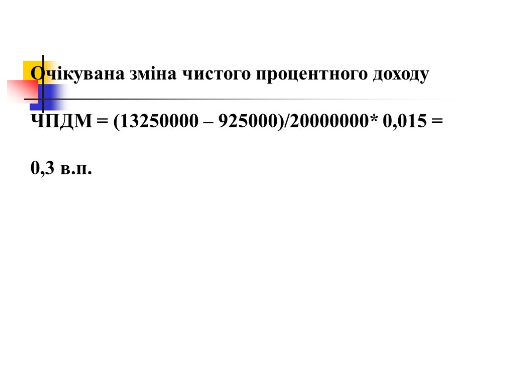 Очікувана зміна чистого процентного доходу ЧПДМ = (13250000 – 925000)/20000000* 0,015 = 0,3 в.п.